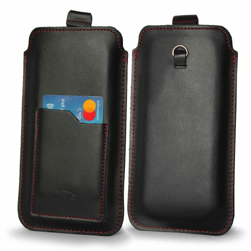 Leather universal case LURESKO ASTER XXXL with a loop for a lanyard slip case for phone 6.5' - 6.9' (black smooth red thread)