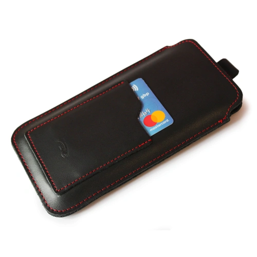 Leather universal case LURESKO ASTER XXXL with a loop for a lanyard slip case for phone 6.5' - 6.9' (black smooth red thread)