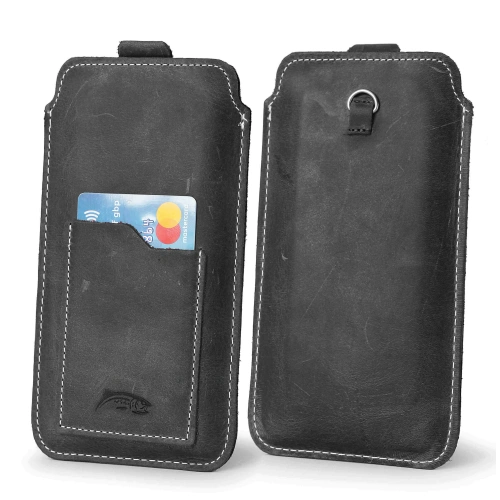 Leather universal case LURESKO ASTER XXXL with a loop for a strap slip-in for phone 6.5' - 6.9' (gray vintage white thread)