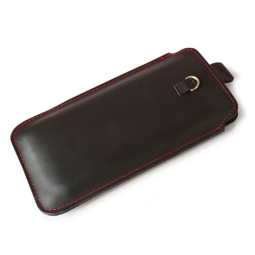 Leather universal case LURESKO ASTER XXXL with a loop for a lanyard slip case for phone 6.5' - 6.9' (black smooth red thread)