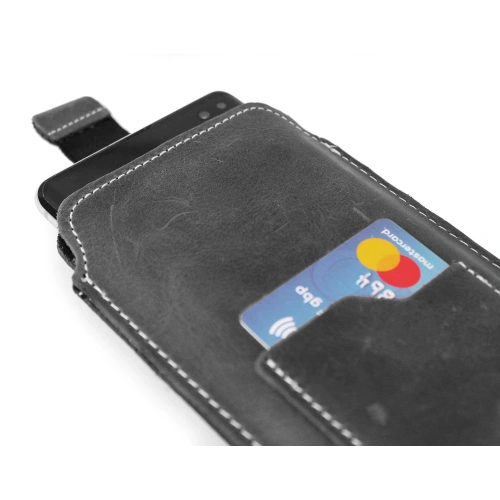 Leather universal case LURESKO ASTER XXXL with a loop for a strap slip-in for phone 6.5' - 6.9' (gray vintage white thread)