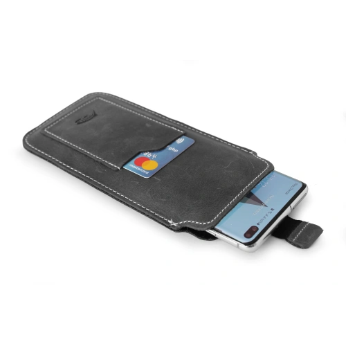 Leather universal case LURESKO ASTER XXXL with a loop for a strap slip-in for phone 6.5' - 6.9' (gray vintage white thread)