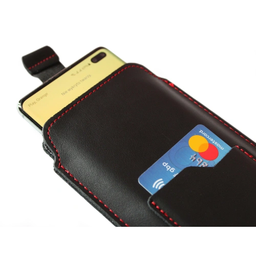 Leather universal case LURESKO ASTER XXXL with a loop for a lanyard slip case for phone 6.5' - 6.9' (black smooth red thread)