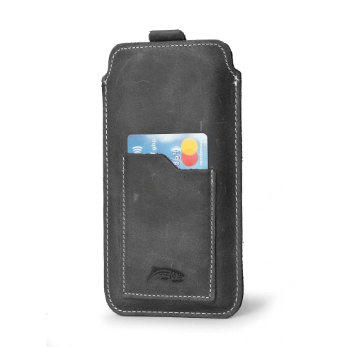 Leather universal case LURESKO ASTER XXXL with a loop for a strap slip-in for phone 6.5' - 6.9' (gray vintage white thread)