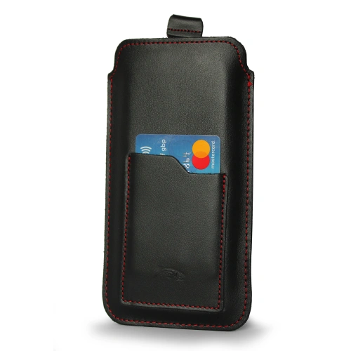 Leather universal case LURESKO ASTER XXXL with a loop for a lanyard slip case for phone 6.5' - 6.9' (black smooth red thread)