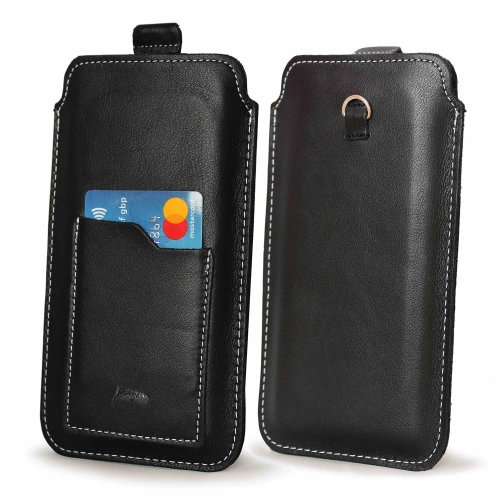 Leather universal case LURESKO ASTER 4XL with a loop for a strap, slip-in for phones up to 7' (smooth black with white thread)