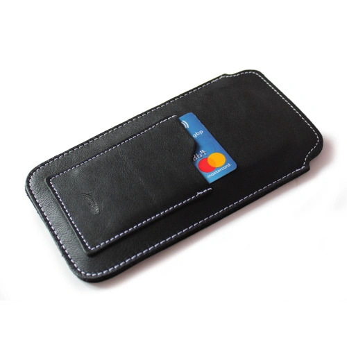 Leather universal case LURESKO ASTER 4XL with a loop for a strap, slip-in for phones up to 7' (smooth black with white thread)