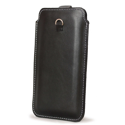 Leather universal case LURESKO ASTER 4XL with a loop for a strap, slip-in for phones up to 7' (smooth black with white thread)