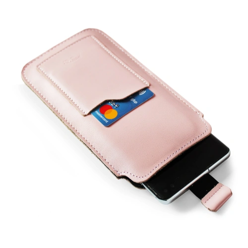 Leather universal case LURESKO ASTER 4XL with a loop for a strap slip-in for phones up to 7' (smooth pink white thread)