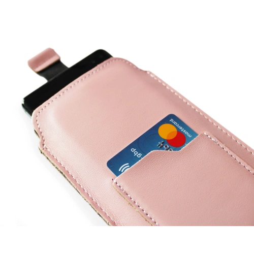 Leather universal case LURESKO ASTER 4XL with a loop for a strap slip-in for phones up to 7' (smooth pink white thread)