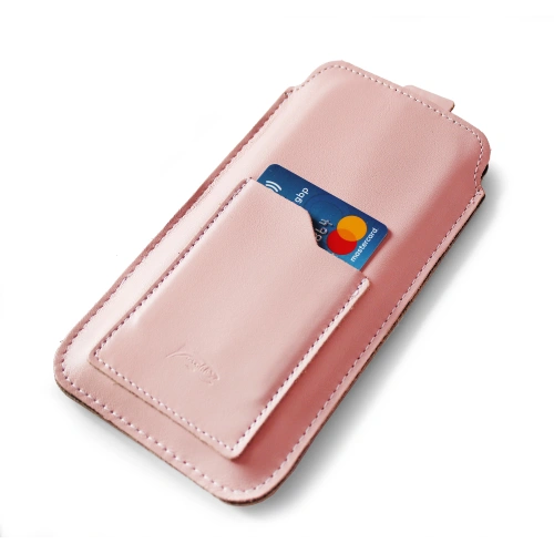 Leather universal case LURESKO ASTER 4XL with a loop for a strap slip-in for phones up to 7' (smooth pink white thread)