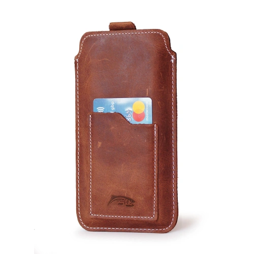Leather universal case LURESKO ASTER XXL with a loop for a lanyard slipcase for phone 5.8' - 6.1' (vintage brown white thread)