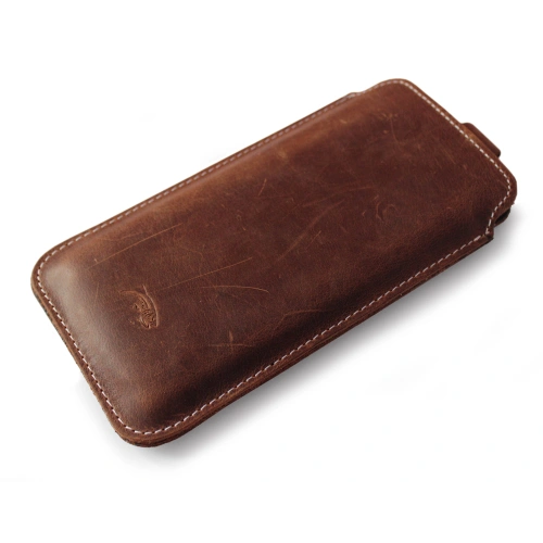 Leather slipcase LURESKO LILLA XXXL slipcase for phone 6.5' - 6.9' (vintage brown white thread)
