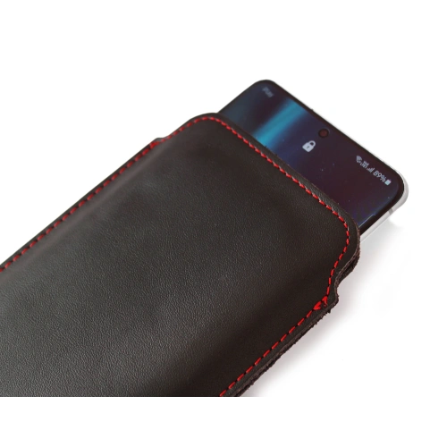 Leather slipcase LURESKO LILLA XXXL slipcase for phone 6.5' - 6.9' (smooth black with red thread)