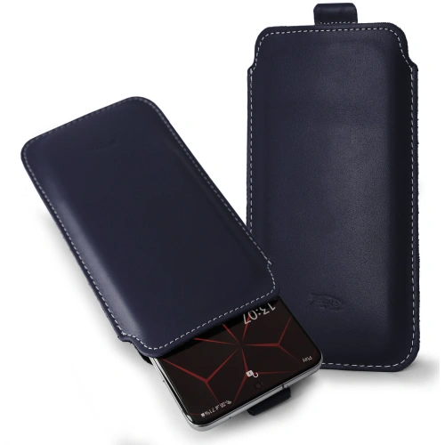 Leather slip case LURESKO LILLA XXXL slip case for phone 6.5' - 6.9' (blue smooth white thread)
