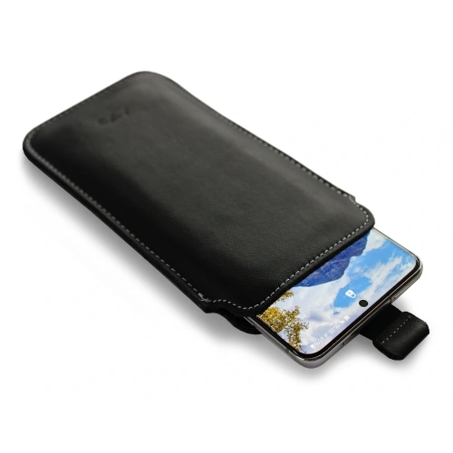Leather slipcase LURESKO LILLA 4XL slipcase for phone up to 7 inches leather case (smooth black white thread)
