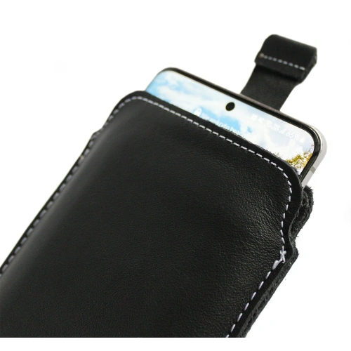 Leather slipcase LURESKO LILLA 4XL slipcase for phone up to 7 inches leather case (smooth black white thread)