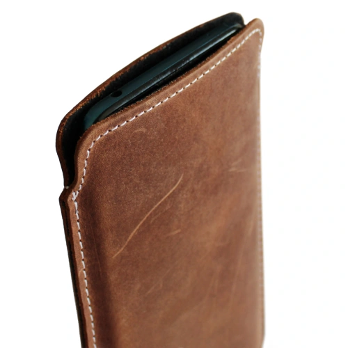 LURESKO NORTHERN XXXL leather slip case for phone (vintage brown white thread)