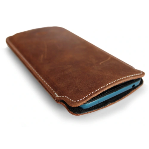 LURESKO NORTHERN XXXL leather slip case for phone (vintage brown white thread)