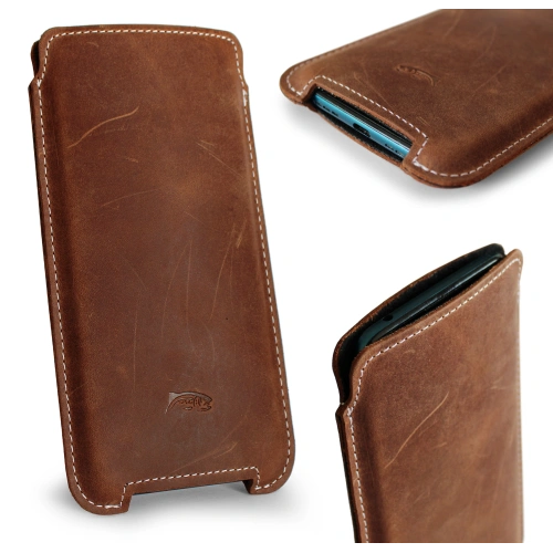 LURESKO NORTHERN XXXL leather slip case for phone (vintage brown white thread)