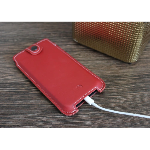 Leather case LURESKO SOFIJA XXXL universal with snap strap (smooth red white thread)