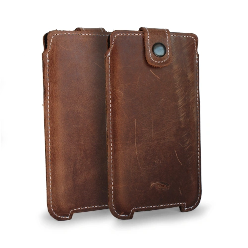 Leather case LURESKO SOFIJA XXXL universal with strap (vintage brown white thread)