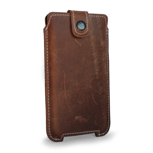 Leather case LURESKO SOFIJA XXXL universal with strap (vintage brown white thread)