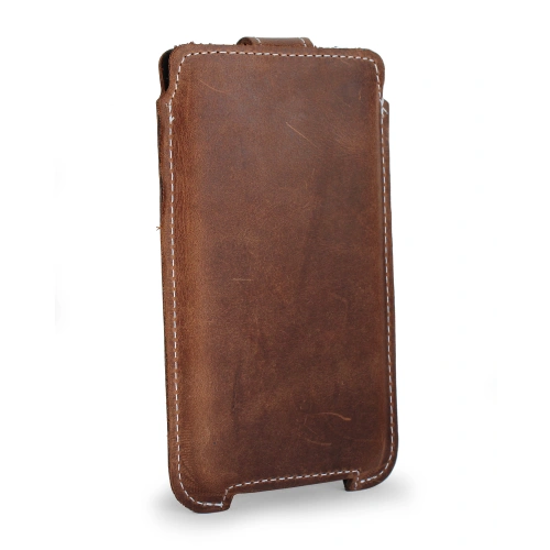 Leather case LURESKO SOFIJA XXXL universal with strap (vintage brown white thread)