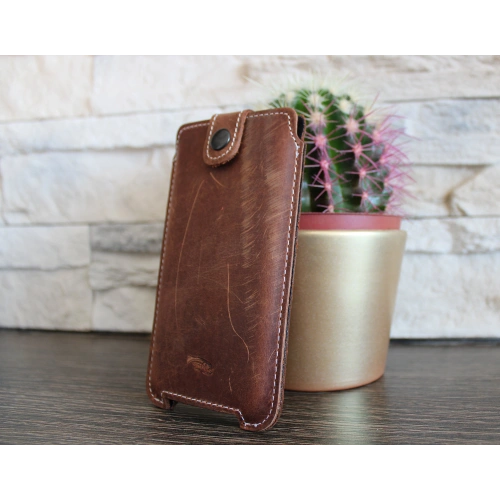 Leather case LURESKO SOFIJA XXXL universal with strap (vintage brown white thread)