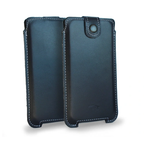 Leather case LURESKO SOFIJA XXL universal with strap (navy blue smooth white thread)