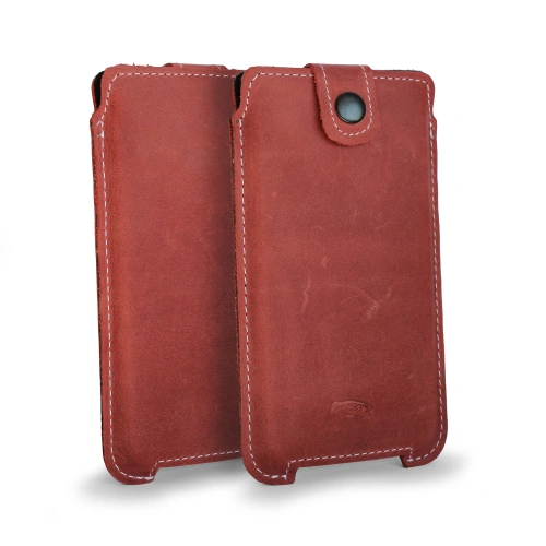 Leather case LURESKO SOFIJA XXL universal with strap (vintage red white thread)