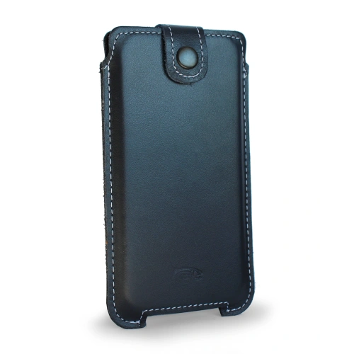 Leather case LURESKO SOFIJA XXL universal with strap (navy blue smooth white thread)