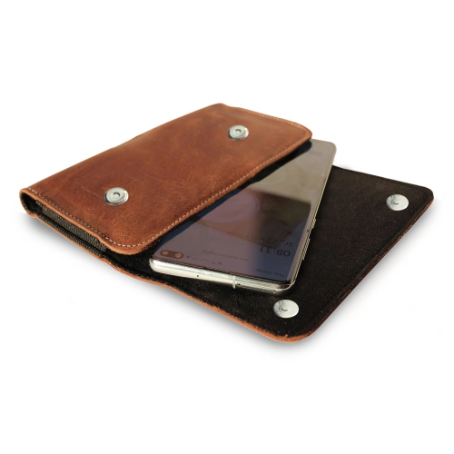 Leather holster LURESKO SUNNE XL for belt 165x82x12 (flat magnet) (brown vintage white thread)