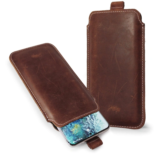 Leather slipcase LURESKO NEW LILLA XXXL slipcase for phone 6.5' - 6.9' (vintage brown white thread)
