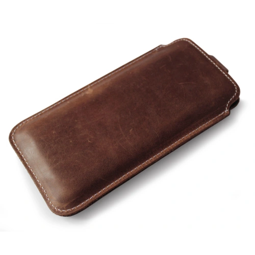 Leather slipcase LURESKO NEW LILLA XXXL slipcase for phone 6.5' - 6.9' (vintage brown white thread)