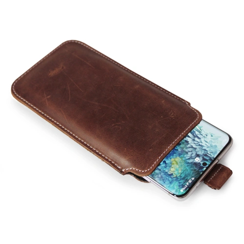 Leather slipcase LURESKO NEW LILLA XXXL slipcase for phone 6.5' - 6.9' (vintage brown white thread)