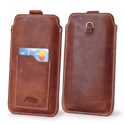 Leather universal case with a loop for a lanyard LURESKO NEW ASTER XXXL slip-on for phone 6.5' - 6.9' (vintage brown white thread)