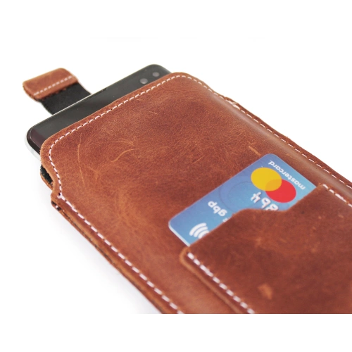Leather universal case with a loop for a lanyard LURESKO NEW ASTER XXXL slip-on for phone 6.5' - 6.9' (vintage brown white thread)