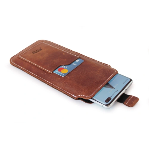 Leather universal case with a loop for a lanyard LURESKO NEW ASTER XXXL slip-on for phone 6.5' - 6.9' (vintage brown white thread)