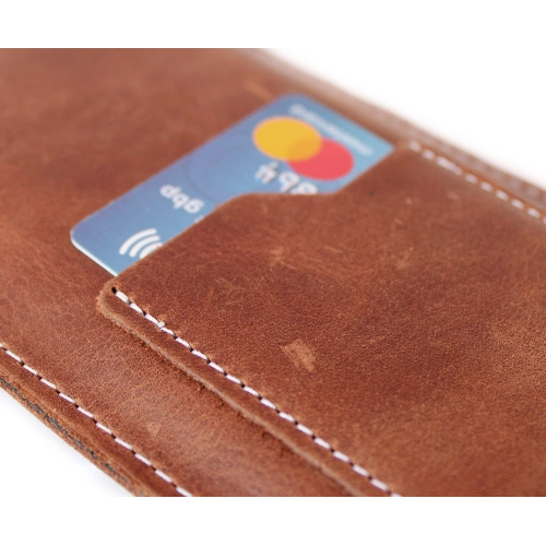 Leather universal case with a loop for a lanyard LURESKO NEW ASTER XXXL slip-on for phone 6.5' - 6.9' (vintage brown white thread)