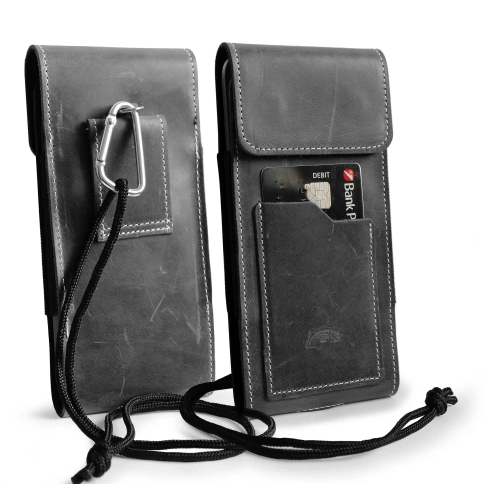 Leather neck / belt / loop vertical case LURESKO HECTOR XXL 167x78x10mm (gray vintage white thread)