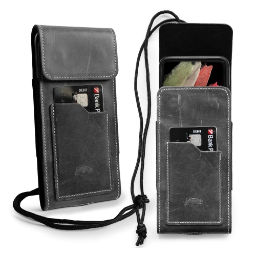 Leather neck / belt / loop vertical case LURESKO HECTOR XXL 167x78x10mm (gray vintage white thread)