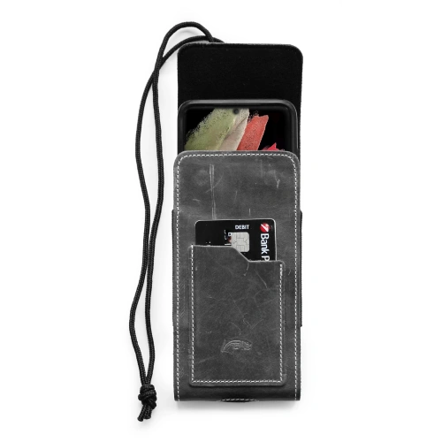 Leather neck / belt / loop vertical case LURESKO HECTOR XXL 167x78x10mm (gray vintage white thread)