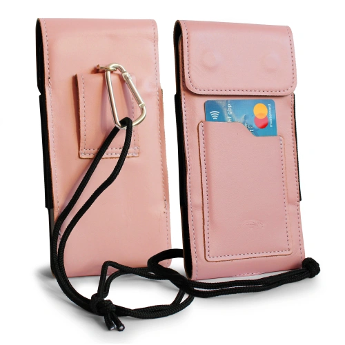 Leather neck case / belt case / loop vertical holster LURESKO HECTOR XXL 167x78x10mm (pink smooth white thread)