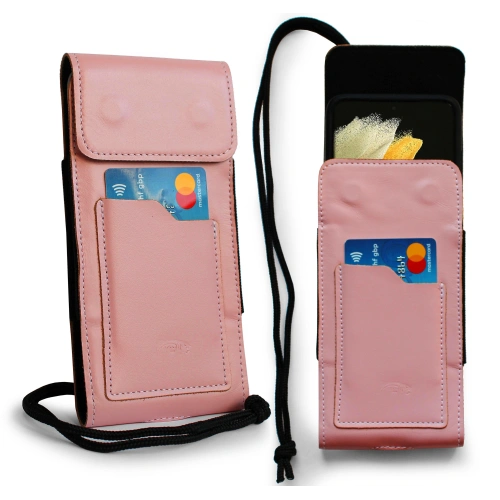 Leather neck case / belt case / loop vertical holster LURESKO HECTOR XXL 167x78x10mm (pink smooth white thread)