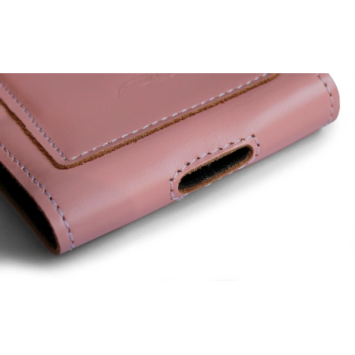 Leather neck case / belt case / loop vertical holster LURESKO HECTOR XXL 167x78x10mm (pink smooth white thread)