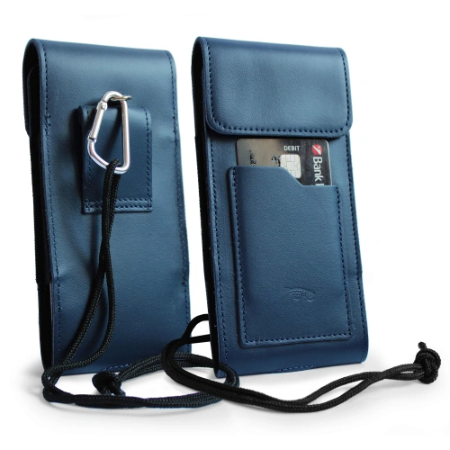 Leather neck case / belt case / loop vertical holster LURESKO HECTOR XXL 167x78x10mm (smooth blue blue thread)