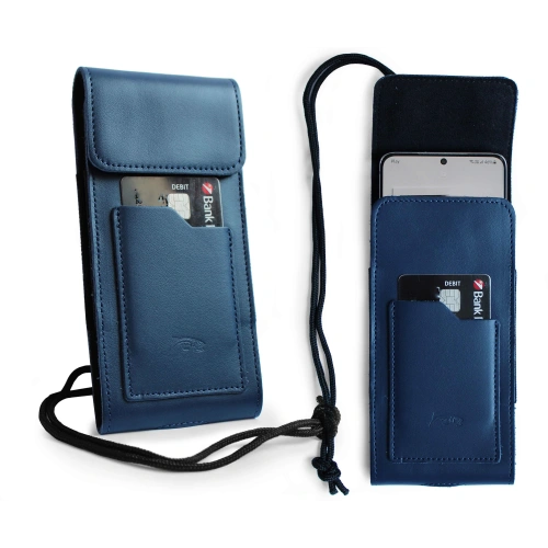 Leather neck case / belt case / loop vertical holster LURESKO HECTOR XXL 167x78x10mm (smooth blue blue thread)