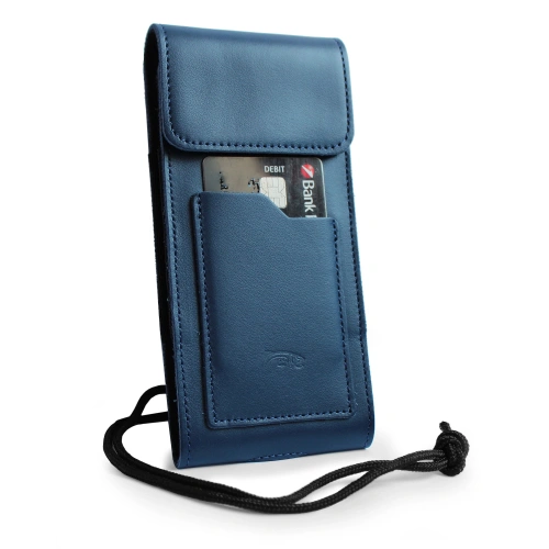 Leather neck case / belt case / loop vertical holster LURESKO HECTOR XXL 167x78x10mm (smooth blue blue thread)