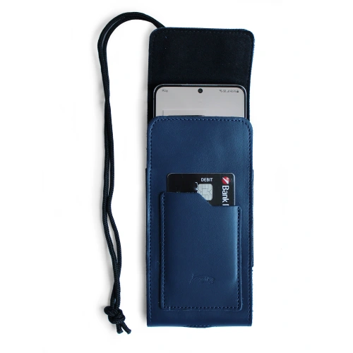 Leather neck case / belt case / loop vertical holster LURESKO HECTOR XXL 167x78x10mm (smooth blue blue thread)